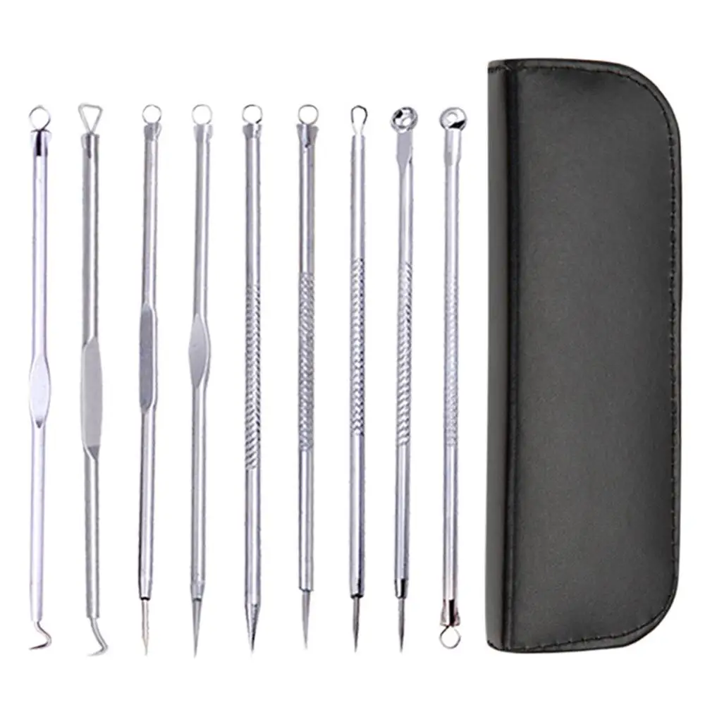 

9pcs Skin Care Cleaning Comedo Blackhead Remover Practical Stainless Steel Spot Tool Facial Pimple Acne Needle Set, Silver