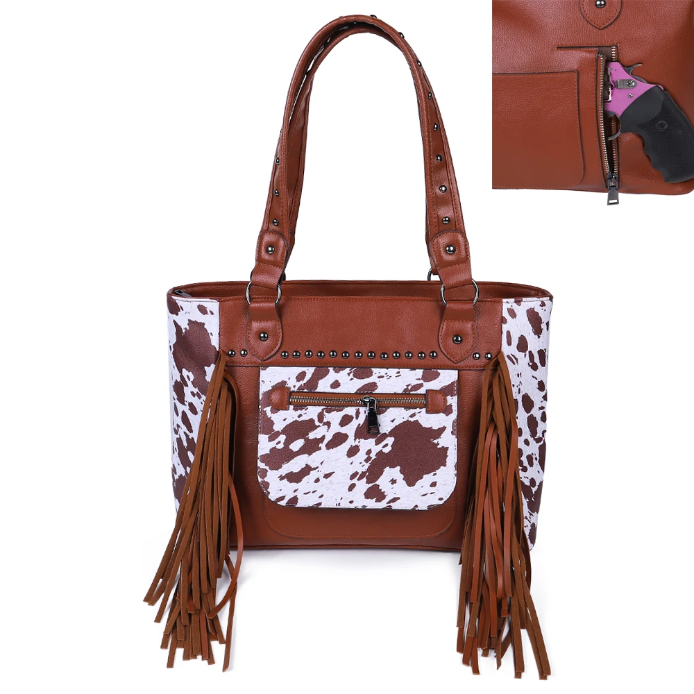 

Wholesale Brown Cow Vegan Leather Collection Women Concealed Handgun Tote Bag with Tassel Lady Carry Fringe Purse for Girls, Sunflower,leopard,cowhide etc.or as request.