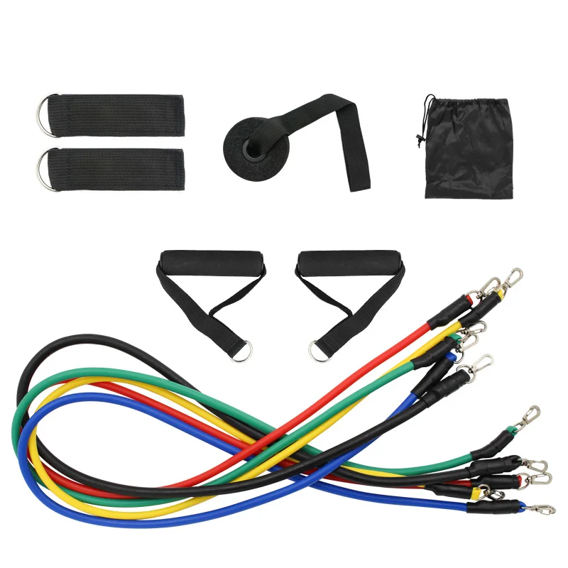 

Customized Workout Exercise Fitness Printed 11Pcs Latex Resistance Tube Bands Set Heavy, Black red yellow blue green