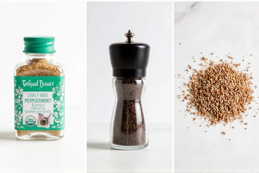 Side-by-side comparison of peppermint extract bottle, black pepper grinder, and cookie sprinkles