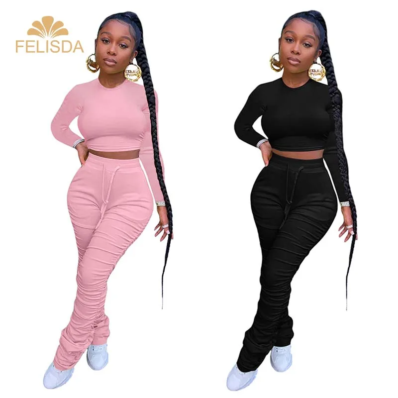 

Two Piece Set Outfits Women Jogger Set Long Sleeve Crop Tops + Skinny Stacked Leggings Pants Tracksuit Sweatsuit Set