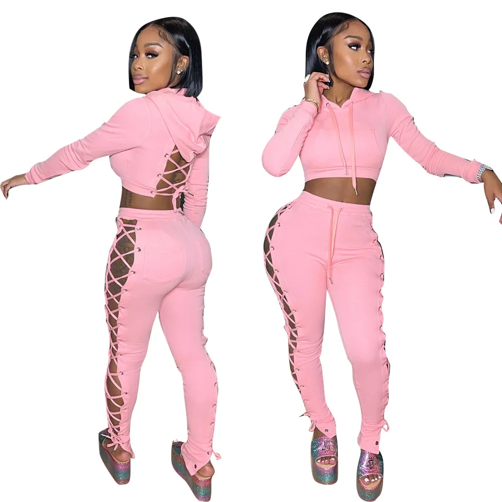 

Solid Long Sleeve Crop jogging Hoodies Sweatshirts women's clothing Lace Up Hollow Out Sweat two piece pants set women