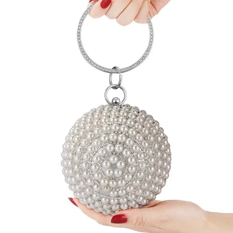 

Full Rhinestone Ring Handle Purse Pearls Evening Bag Women Round Clutch Ball Handbag