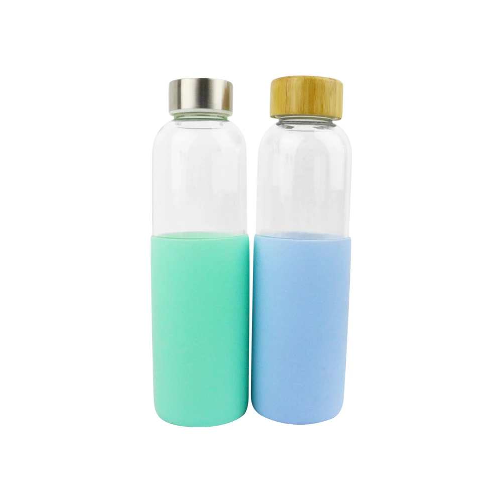 

Juice Glass Bottles with Bamboo Lid, BPA-Free Non-Slip Silicone Sleeve Leak Proof Lid- Reusable Water Bottles for Women and Men, Transparent glass/ the color of silicone sleeve is customized