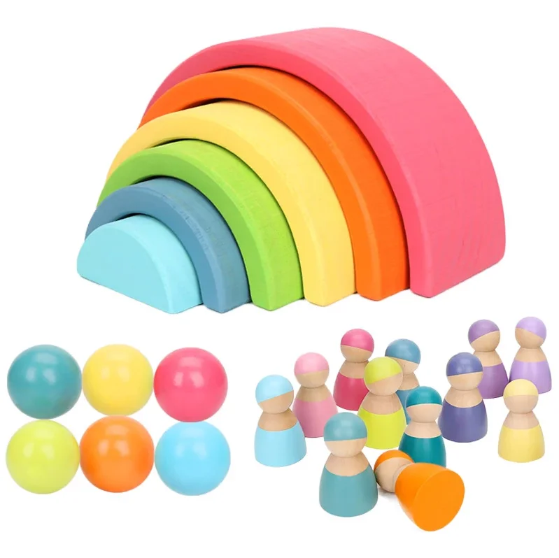 

6PCS Learning Game Creative Wooden Rainbow Montessori Education Kids Stacker Brick Building Blocks