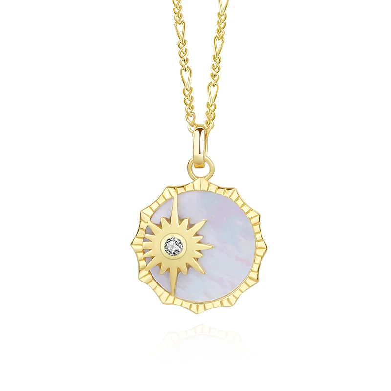 Damila Fashion Jewelry 925 Silver Figaro Chain Necklace Round Charm 18K Sun mother of pearl pendant necklace for women