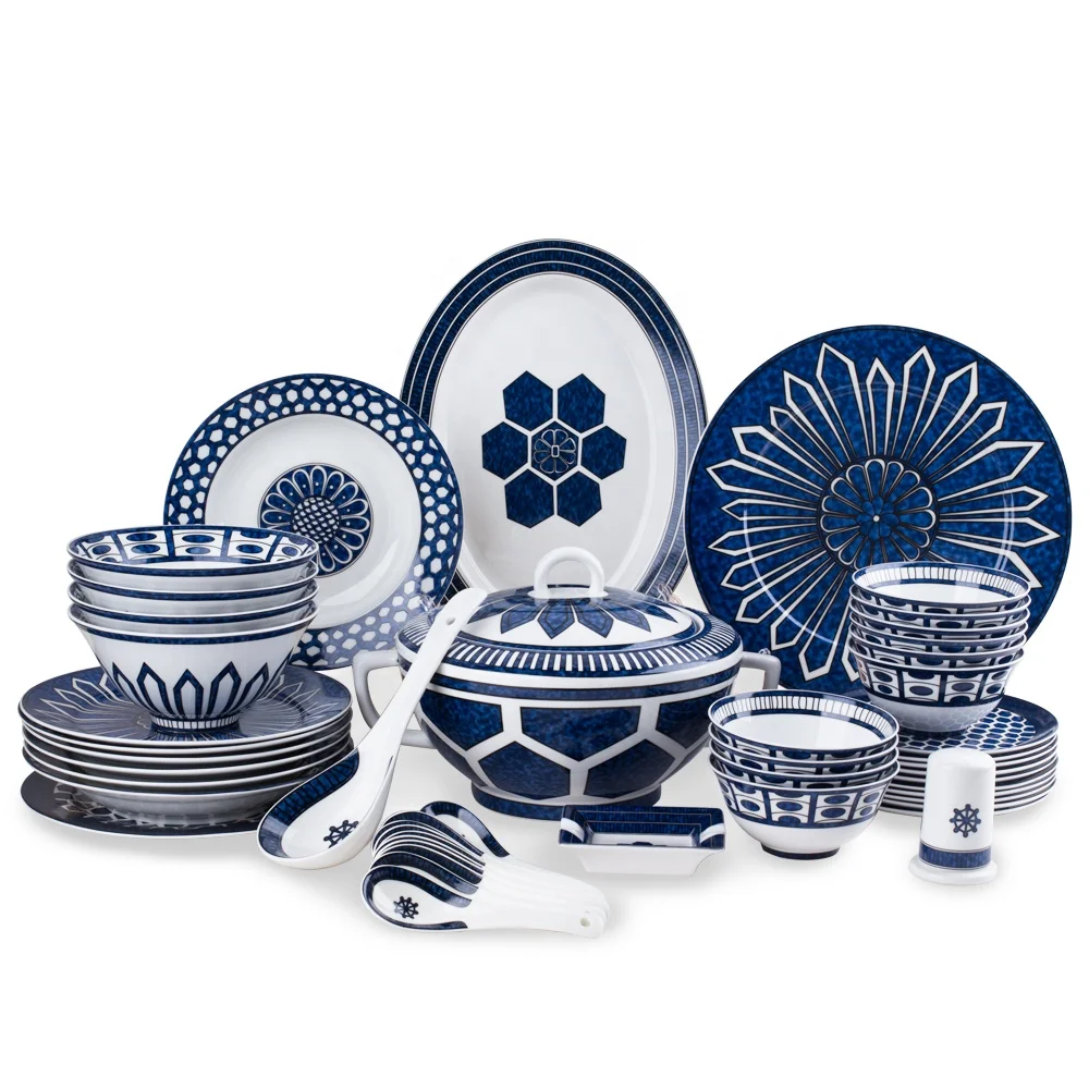 

Wholesale Western ceramic 58 pcs dinnerware set kitchen utensils flatware sets porcelain dinner set, Blue
