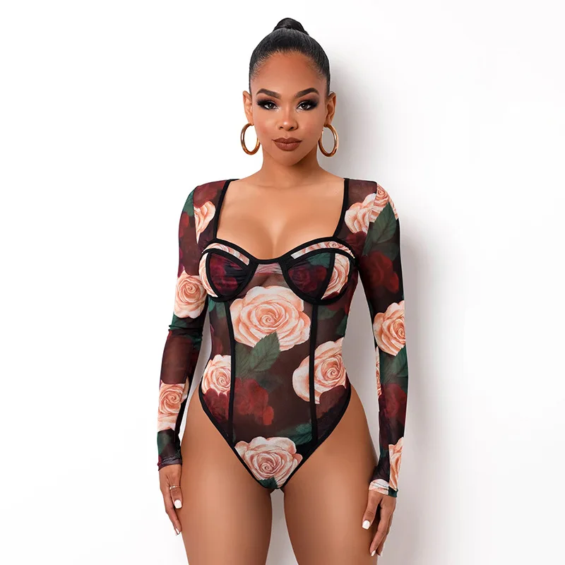 

Amazon Best Selling Rose Printed Longsleeve Bodysuit Square Neck Sexy Women Jumpsuit