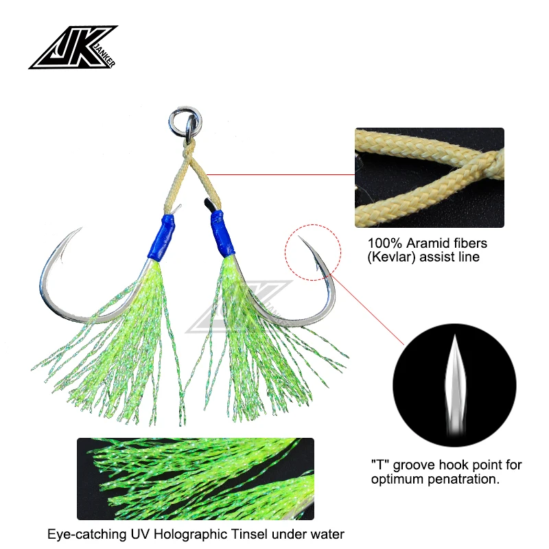 

JK LAT-G 3X Strong Single Barbed T Point Anti-Rust High Carbon Steel BKK Light Jigging Assist Fishing Hooks