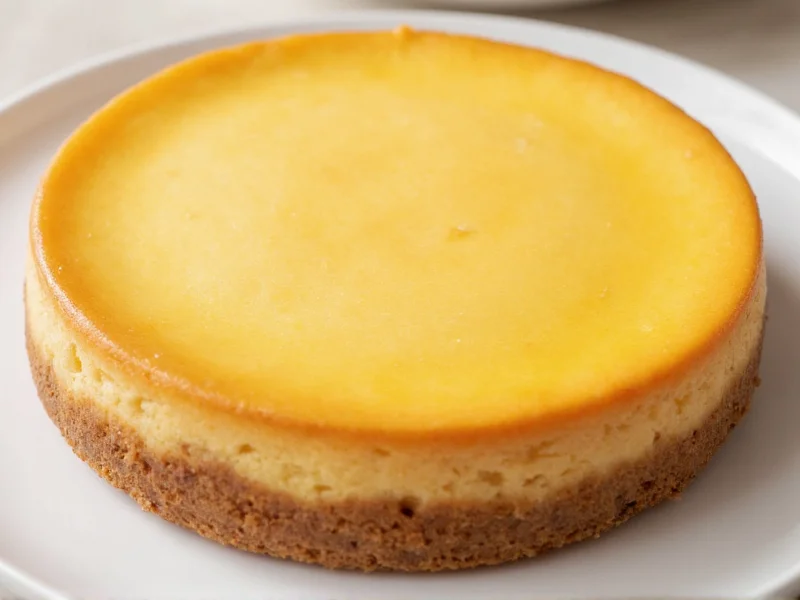Perfect golden cheesecake with smooth surface on serving plate
