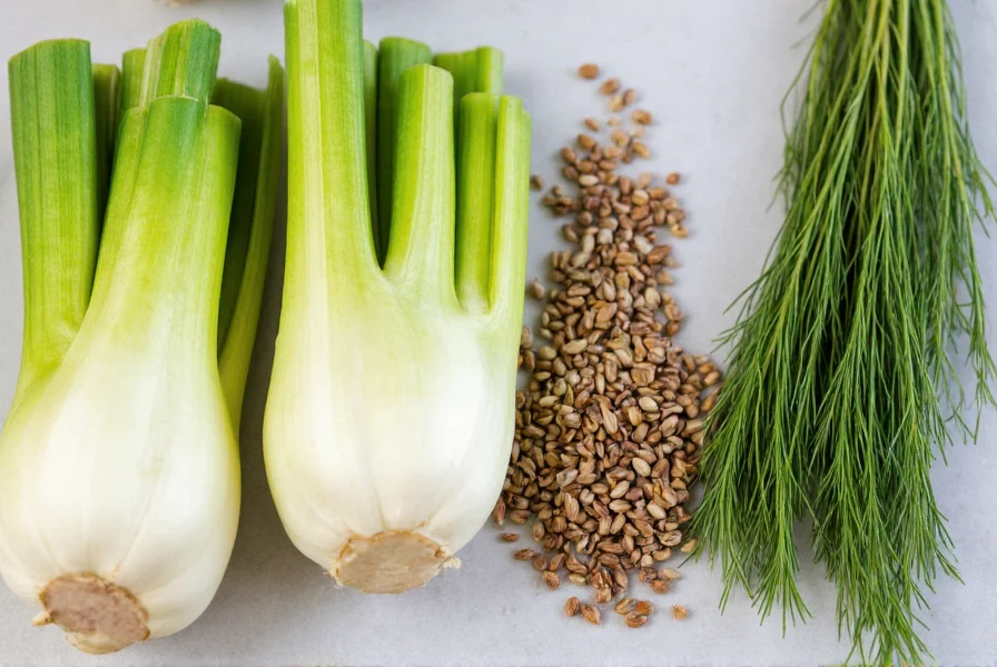 Close-up comparison of fennel bulb next to celery, anise seeds, and dill in a chef's kitchen