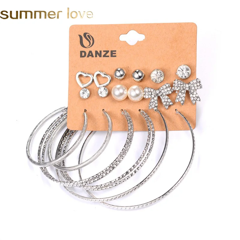 

New 9 Pairs/Set Pearl Bow Love Big Circle Earrings Gold Silver Plated Rhinestone Studs Hoop Earring