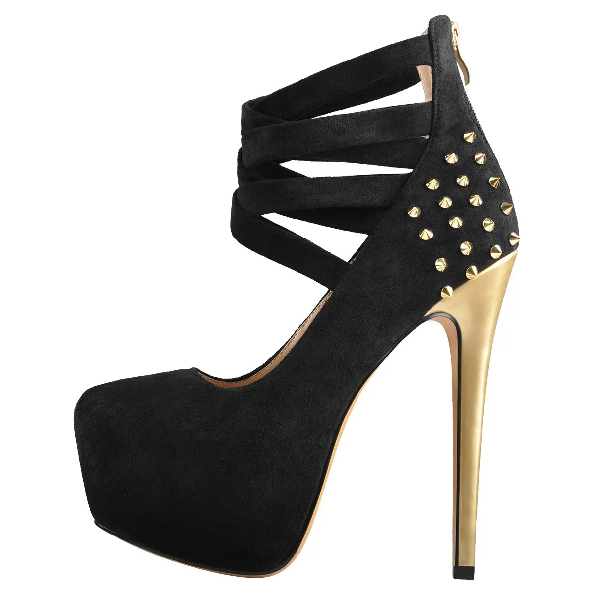 

2021 new design high heel women's pump round toe platform metallic rivet high heel pumps shoes women, Black