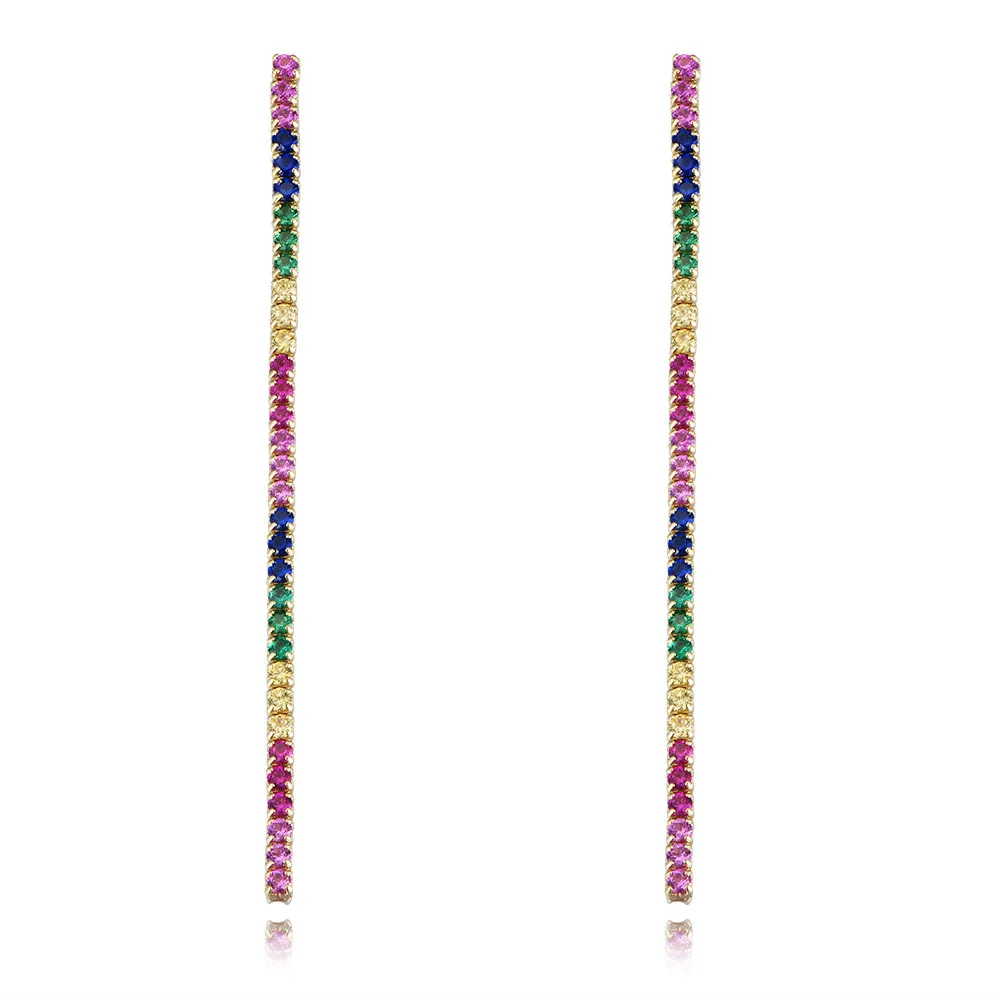 

KE0912 Paved with Colorful Zircon 925 sterling silver 18k gold plated rainbow tennis drop long stud earrings For Party