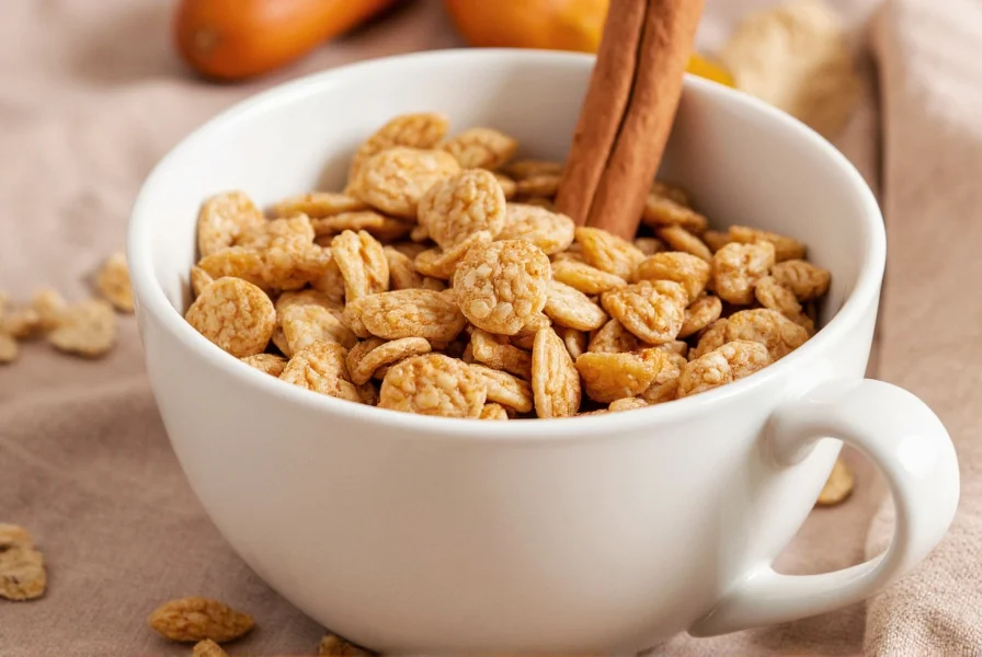 Bowl of cereal with cinnamon stick placed decoratively on the side for aroma