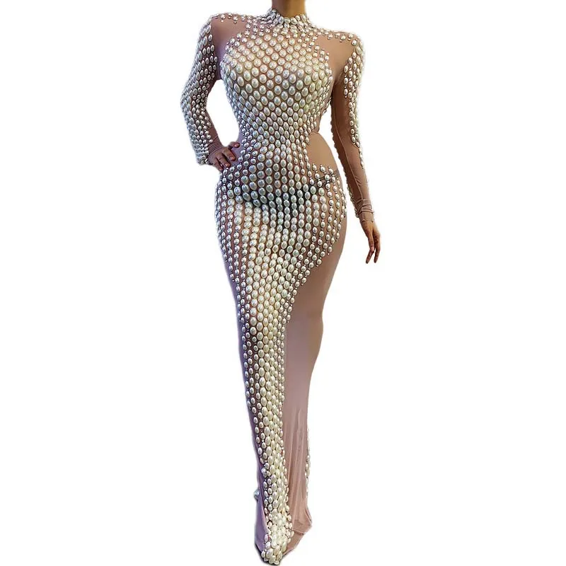 

Sexy Pearls Rhinestones Transparent Long Dress Women Birthday Wedding Prom Celebrate Party Outfit Singer Stage Dance Costume