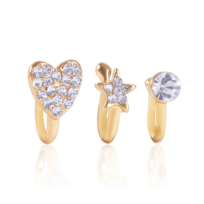 

New Wholesale Stainless Steel Heart Star Face Clip On Non piercing Woman Nose Ring, As pictures