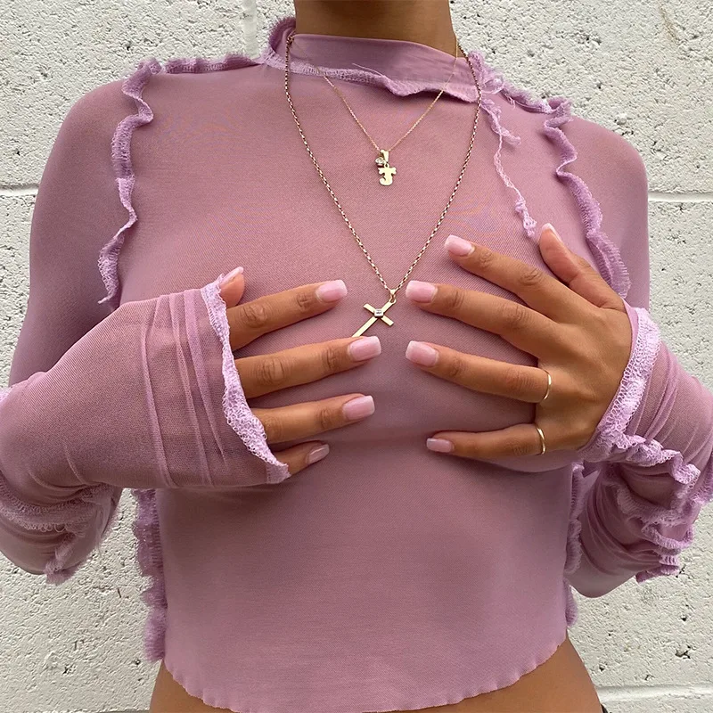 

Wholesale Women Green Sheer Mesh Tulle Tops Long Sleeve Chiffon Floral High Neck Woman Sexy Wrapping Tie Crop Top