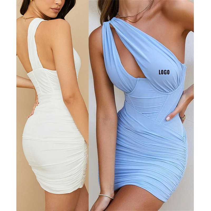 

Free shipping Fashion Lady Pleated One Shoulder Sexy Dress Slim Fit Women Lady Elegant Bodycon Casual Dress