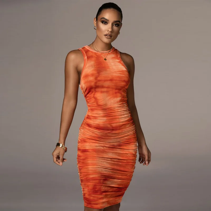 

Drop shipping Women's sexy sleeveless round neck fashion print mid-length skirt slim dress women