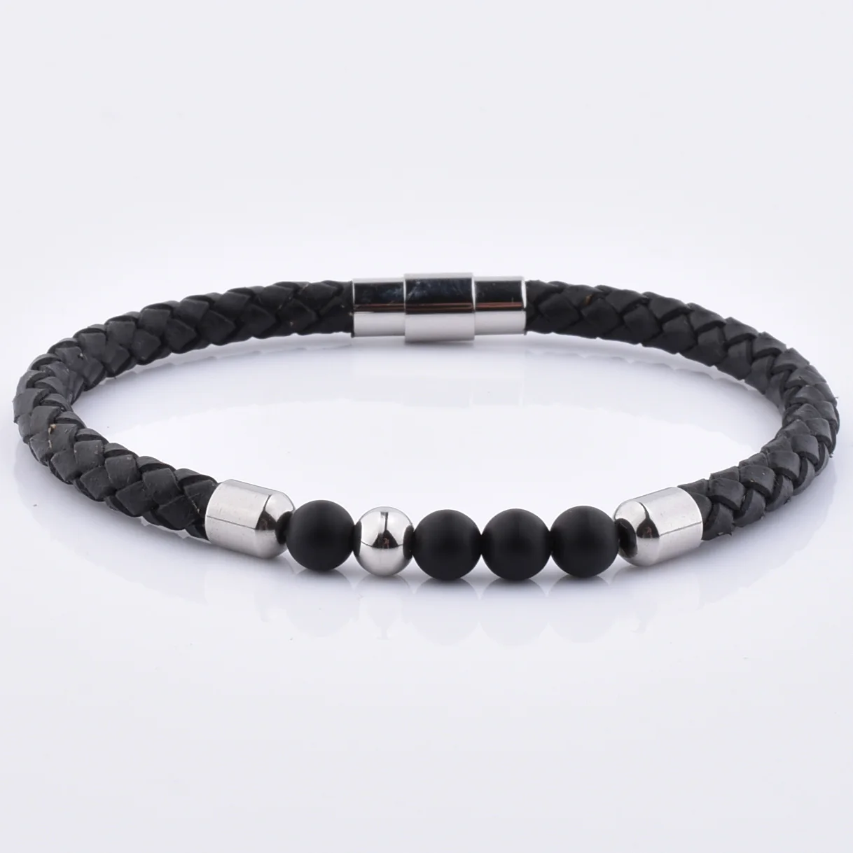 

New Design Unique Mens Bracelets Men Silver Leather Punk 6mm Gemstone Bead Bracelet