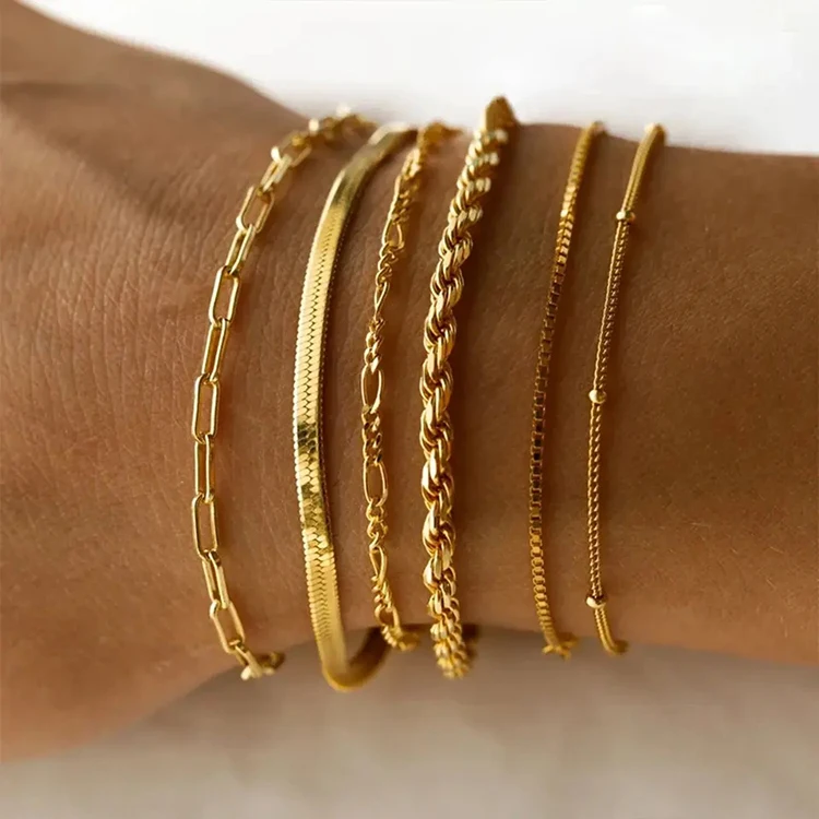 

Y227 Wholesale pulsera de acero inoxidable PVD 18K Gold Plated Dainty Twist Figaro Snake Paper Clip Chain Bracelets For Women