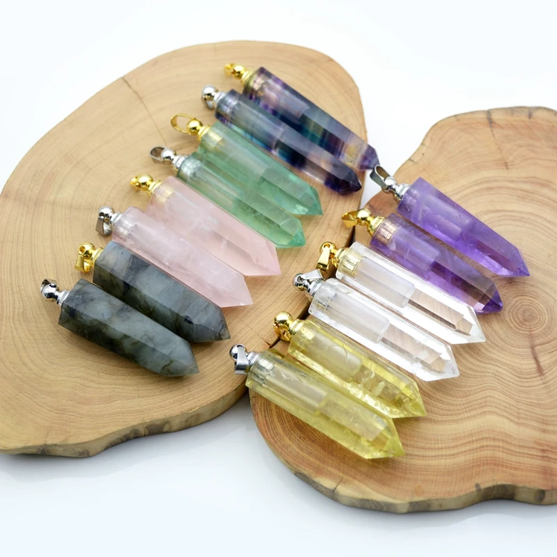 

Natural Amethyst Citrine Gemstone Stainless Steel Jewelry Crystal Point Perfume Necklace Bottle Pendant for Essential Oil Vial, Rainbow