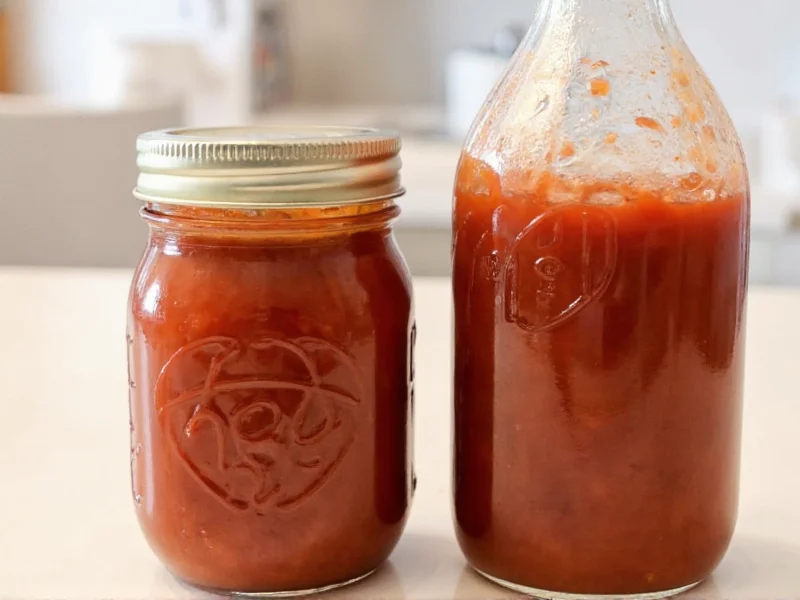 Homemade barbecue sauce in mason jar next to store-bought bottle