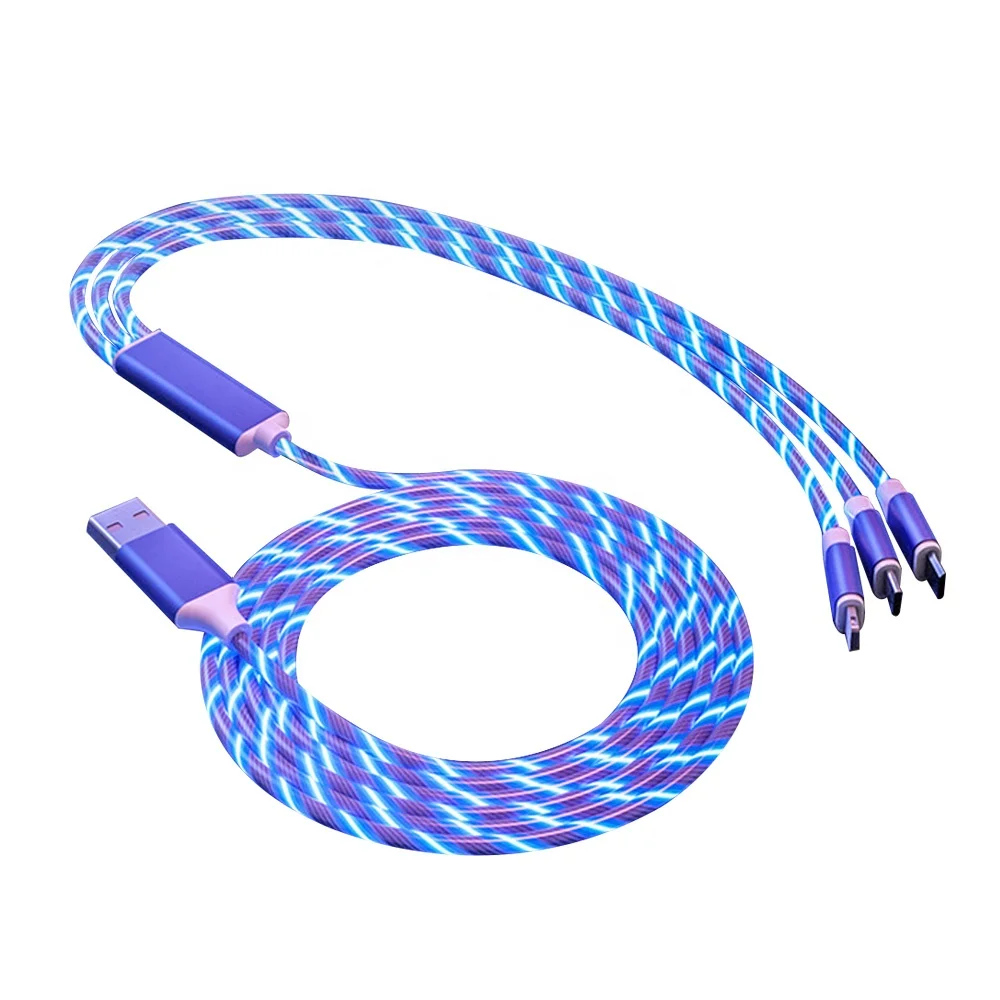 

3 in 1 LED flow light Flowing 1m android Phone charging 2.4A Wire Cord Type C Micro USB 8 Pin data fast charger cable For iPhone, Blue/green/pink/rainbow