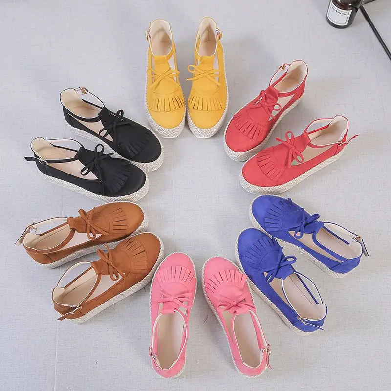 

Women Summer Sandals Fashion Buckle Strap Solid Fringe Cover Heel Flat Platform Heel Casual shoes Ladies Slippers Beach Sandals
