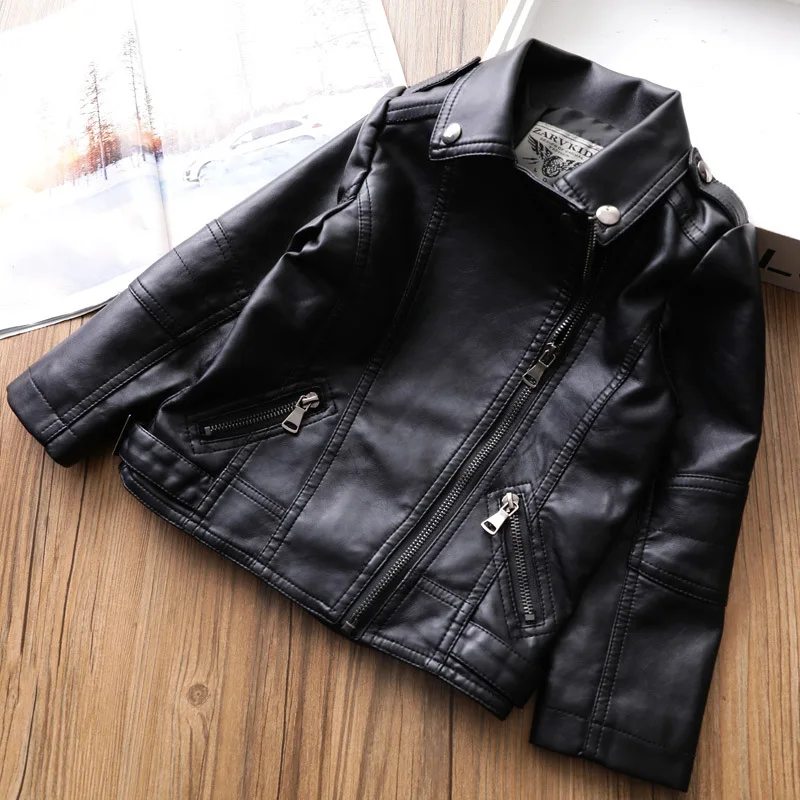

Chic Design High Quality Girls Black Motorcycle Leather Jacket Windproof Zip Up Kids Leather Jacket