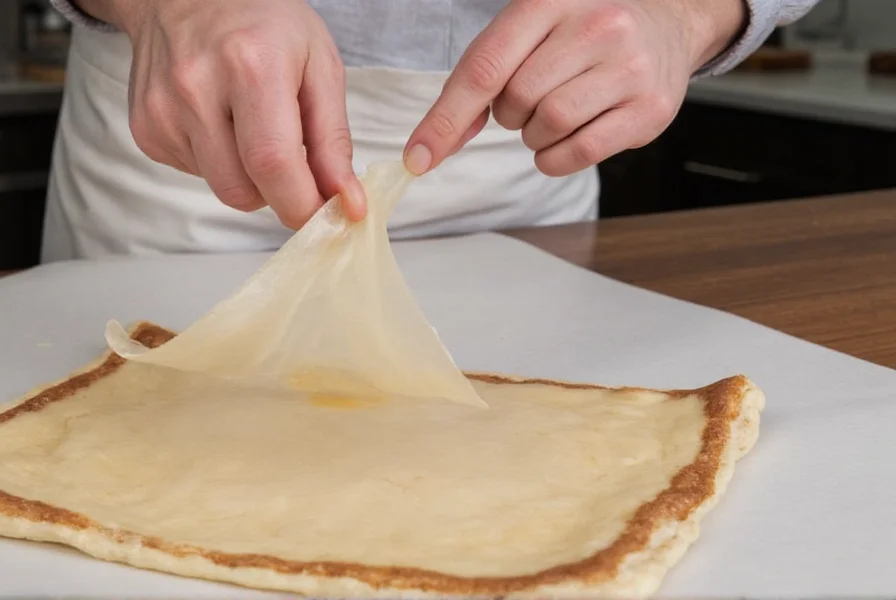 Professional baker demonstrating windowpane test with cinnamon ring dough showing translucent membrane