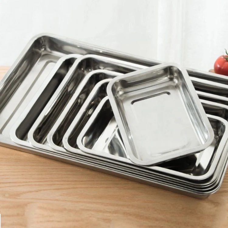 

Deep stainless steel rectangular square serving plate for meat good sale food plate stainless steel eating tray dish