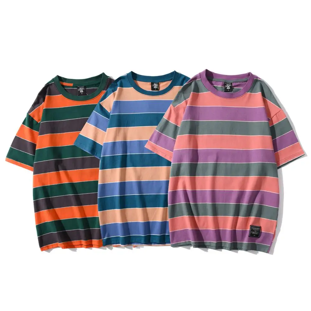 

2020 New Loose Large Size Couple Shirt 100% Cotton Striped Tshirt, White blue