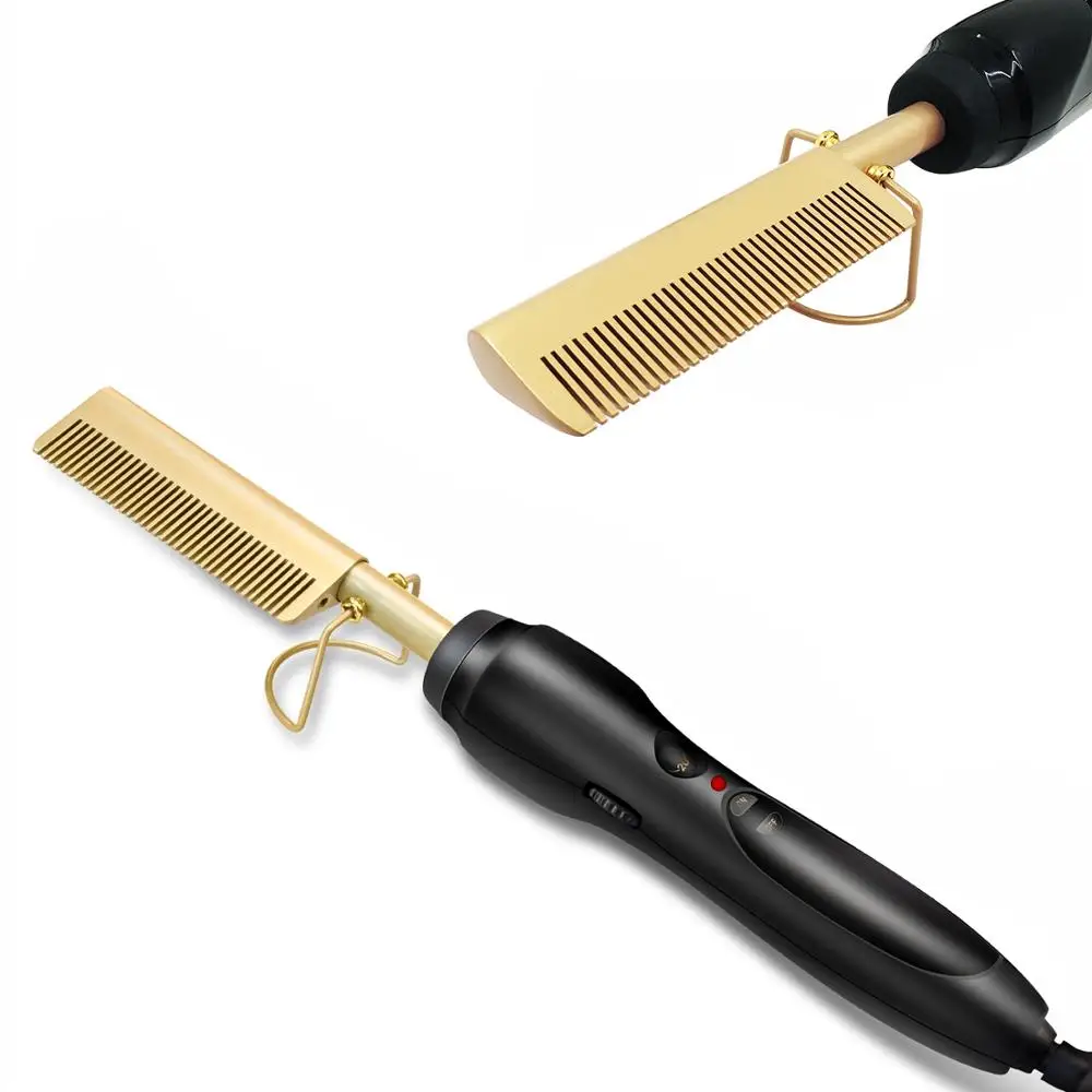 

Electric Copper Hair Straightener Hot Combnine High Heat Press Comb for Wet & Dry Hair Styling, Gold