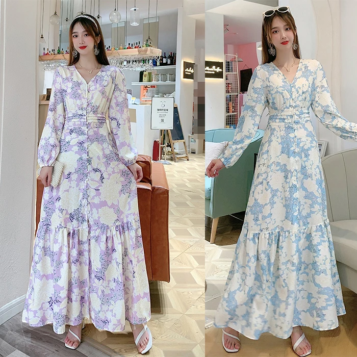 

New 2021 southeast Asia hot sell Korean Floral Print Long Sleeve Buttons Decorate V Neck Dress Women Long Dress Party Clothing, Grey