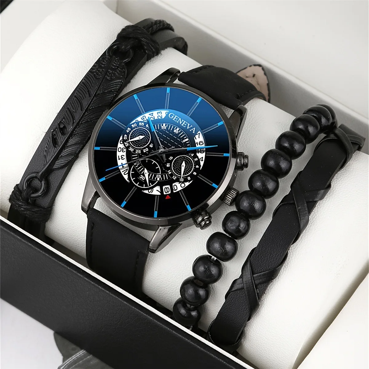 Wholesale Custom LOGO Alloy Fashion Classic Leather GENEVA Date WristWatch Calendar Quartz Bracelet and Watches Set for Men