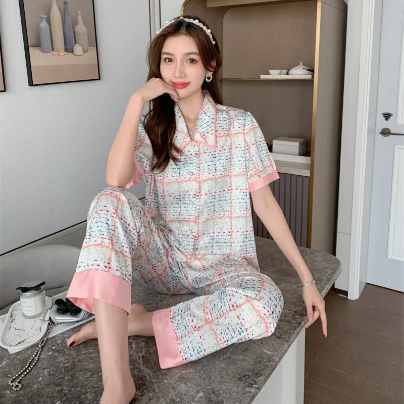 

2022 New Women's sleepwear Pajama Summer Silk Short sleeved night suit Fashion home wear plaid print nightgown set, White