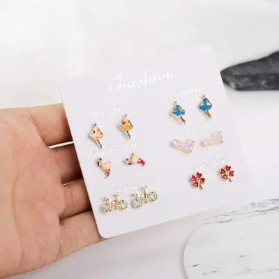 

VRIUA Set Earrings Girl Shoes Bicycle Four-Leaf Clover Shape Heart Women's Earrings