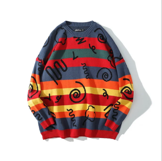 

Trending ethnic style men's knitted top stitching stripes Korean hip-hop round neck pullover couple sweater