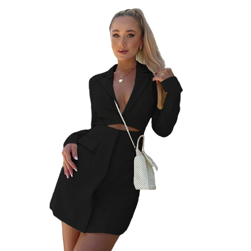

Hot-selling Summer Club New Style Casual Lapel Sexy Ladies Tight-fitting Suit Long-sleeved Dress, Black / apricot / blue