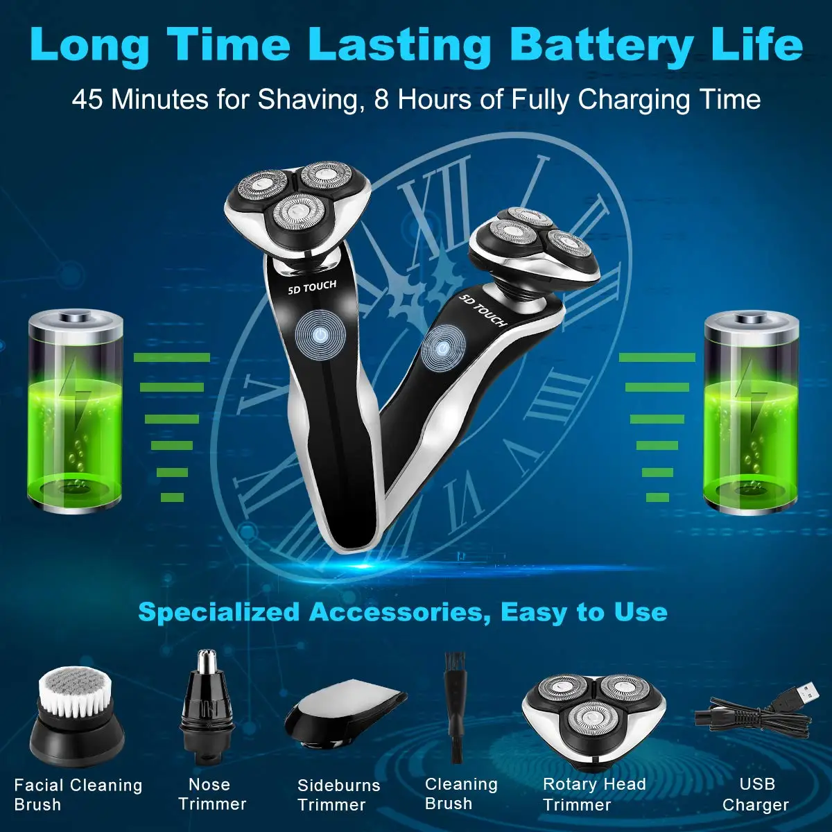 
4 In 1 Dry Wet Waterproof Electric Shaver for Men Rechargeable Beard Trimmer USB Cordless Nose Trimmer Facial Cleaning Brush 