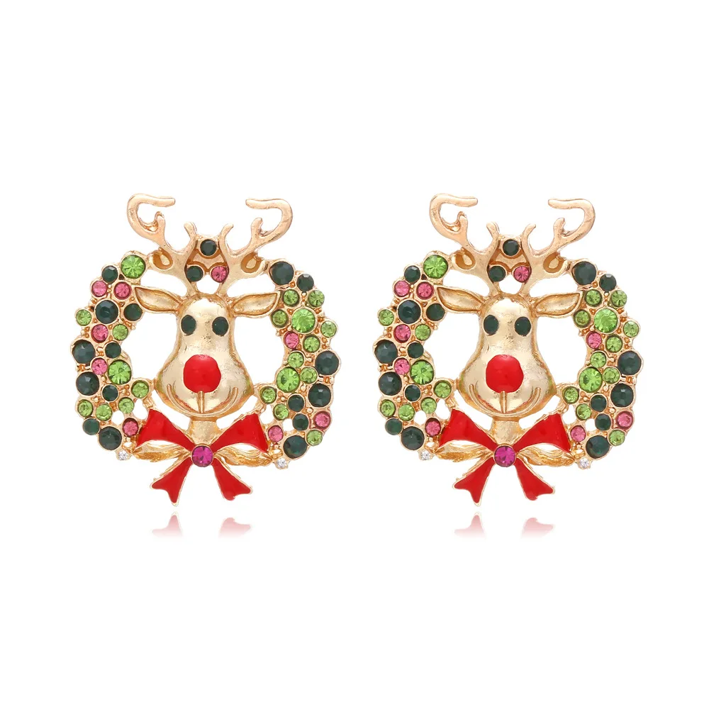 

European and American colored diamond Christmas wreath elk earrings alloy drop oil bow knot little deer Christmas earrings