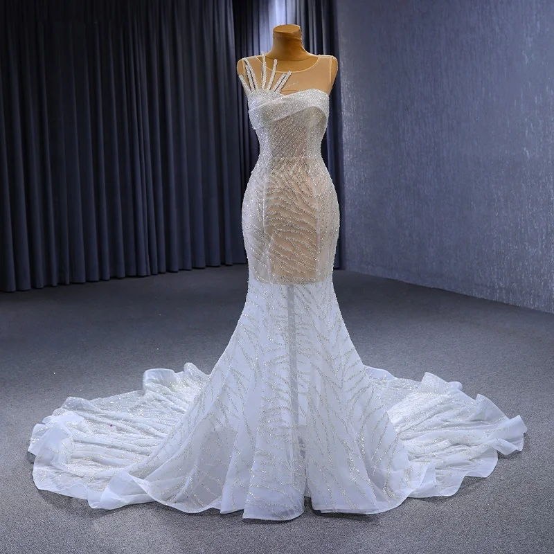 

Jancember 222144 Modern White Mermaid Sequined Sleeveless Floor Length Prom Evening Dress