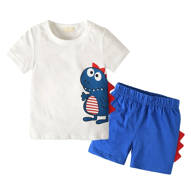 

Dinosaur Print T Shirt and Solid Shorts 2 Pieces Summer Clothing Set for 2-7 Years Boys, White, dark blue