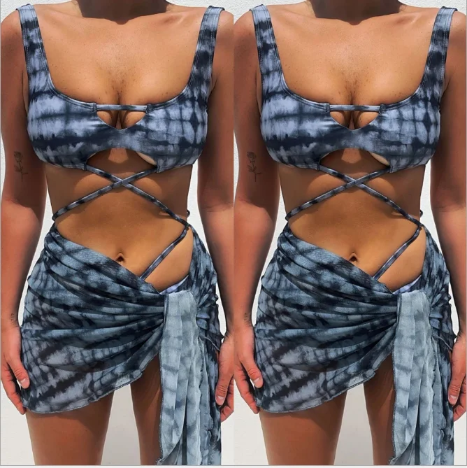 

2021 Womens Tie Dye Wrap Bikini Set Cutout Swimsuit Strap Criss Cross Back High Waist Bathing Suit