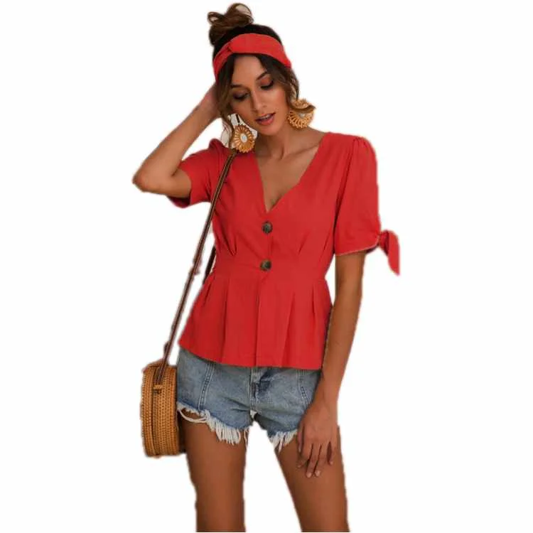 

Ladies Custom Designs Spring New Fashion V-neck Waist collection Casual Shirt Tops Blouse for Women