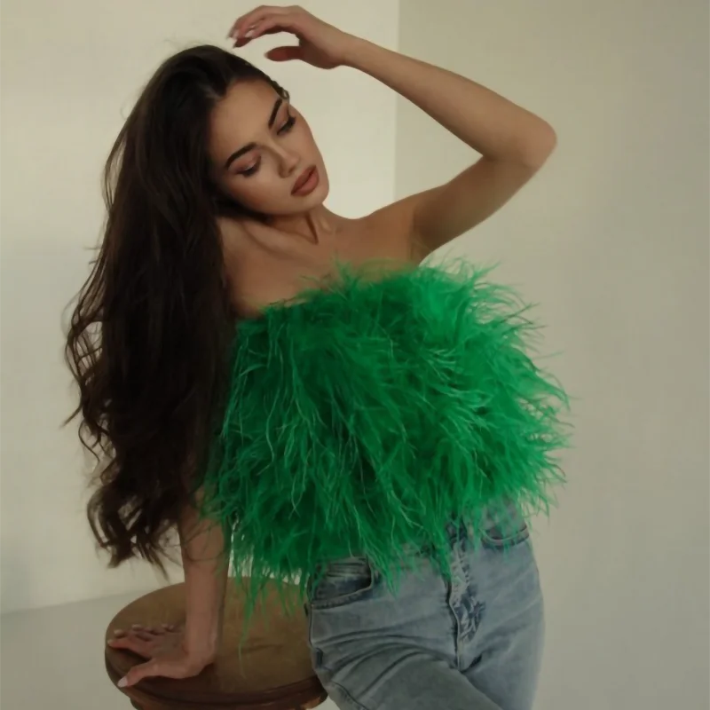 

Luxury Women Feather Fur Tank Tops Sexy Party Tube Big Top Fashion Ostrich Feather Crop Top, Customized color