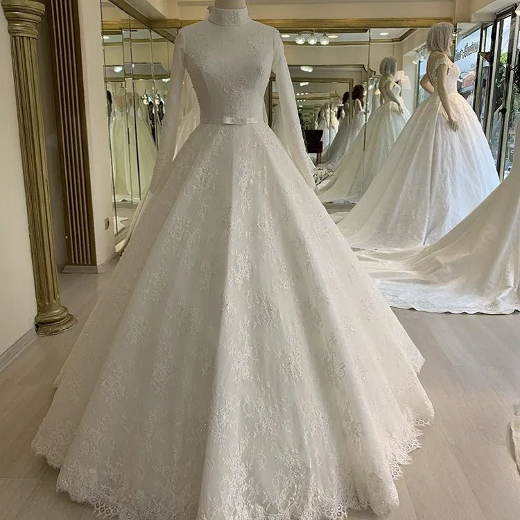 

FA177 Customized High Neck Long Sleeves A-Line Zipper Back Tulle Lace Applique Pearl Beaded Wedding Dresses With Bow vestido, Default or custom