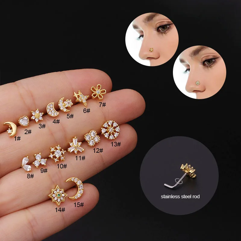 

Stainless Steel Nose Studs Nail Moon Heart Flower Zircon Nostril Bone Screw L Shaped Piercing Nose Ring